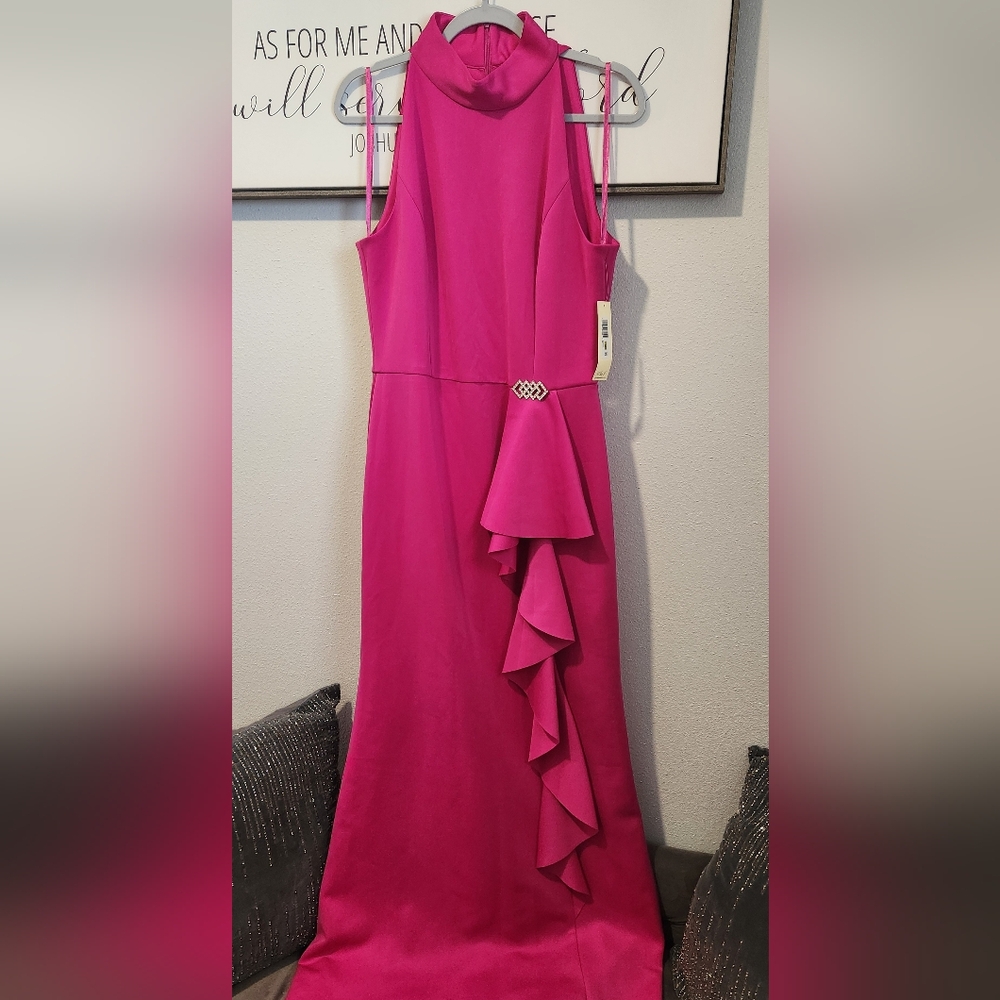 Eliza J Gown Sleeveless High Neck Ruffled Front with Brooch Sz-14